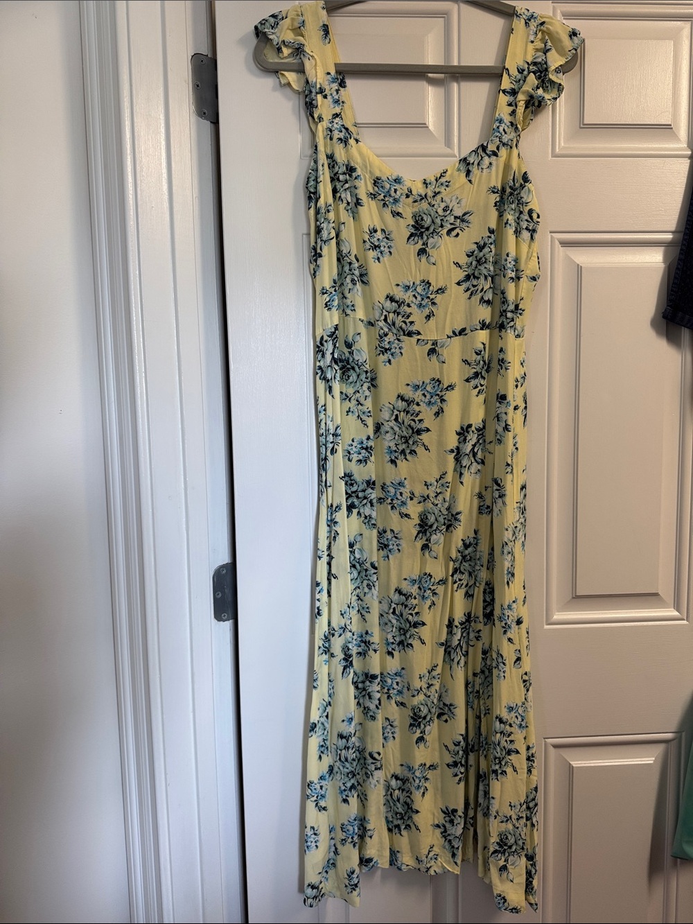 Yellow Floral Maxi Dress with Blue Print